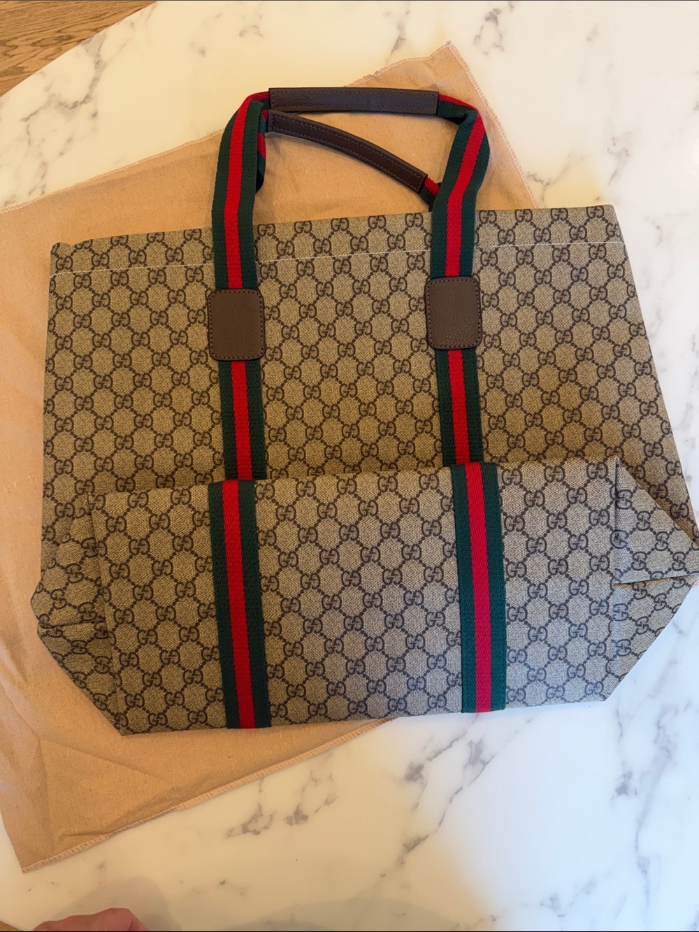 “Gucci” Beige GG Canvas Tote with Green and Red Web Straps - Picture 11 of 11
